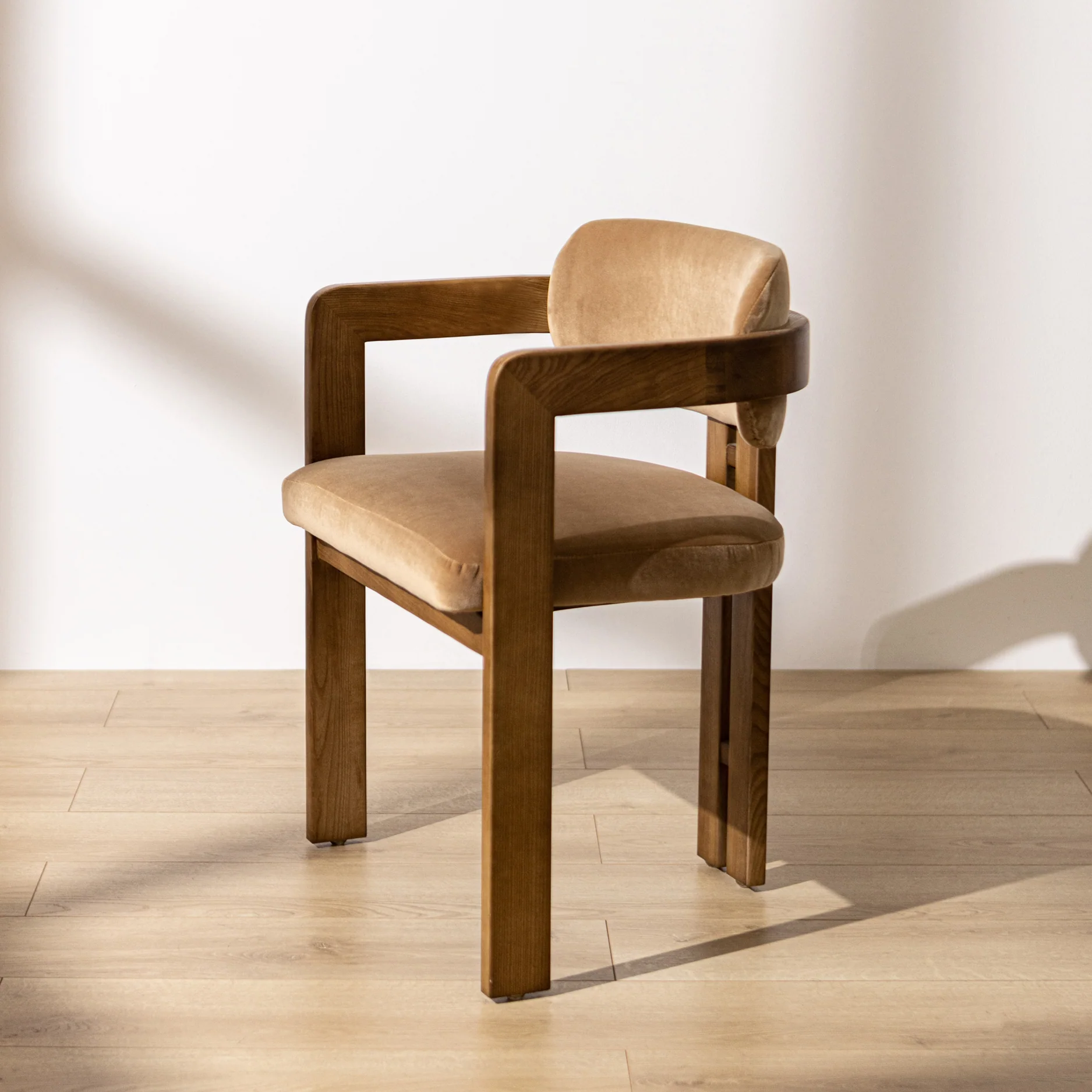 Curved Walnut Dining Chair - Camel Velvet - Image 3