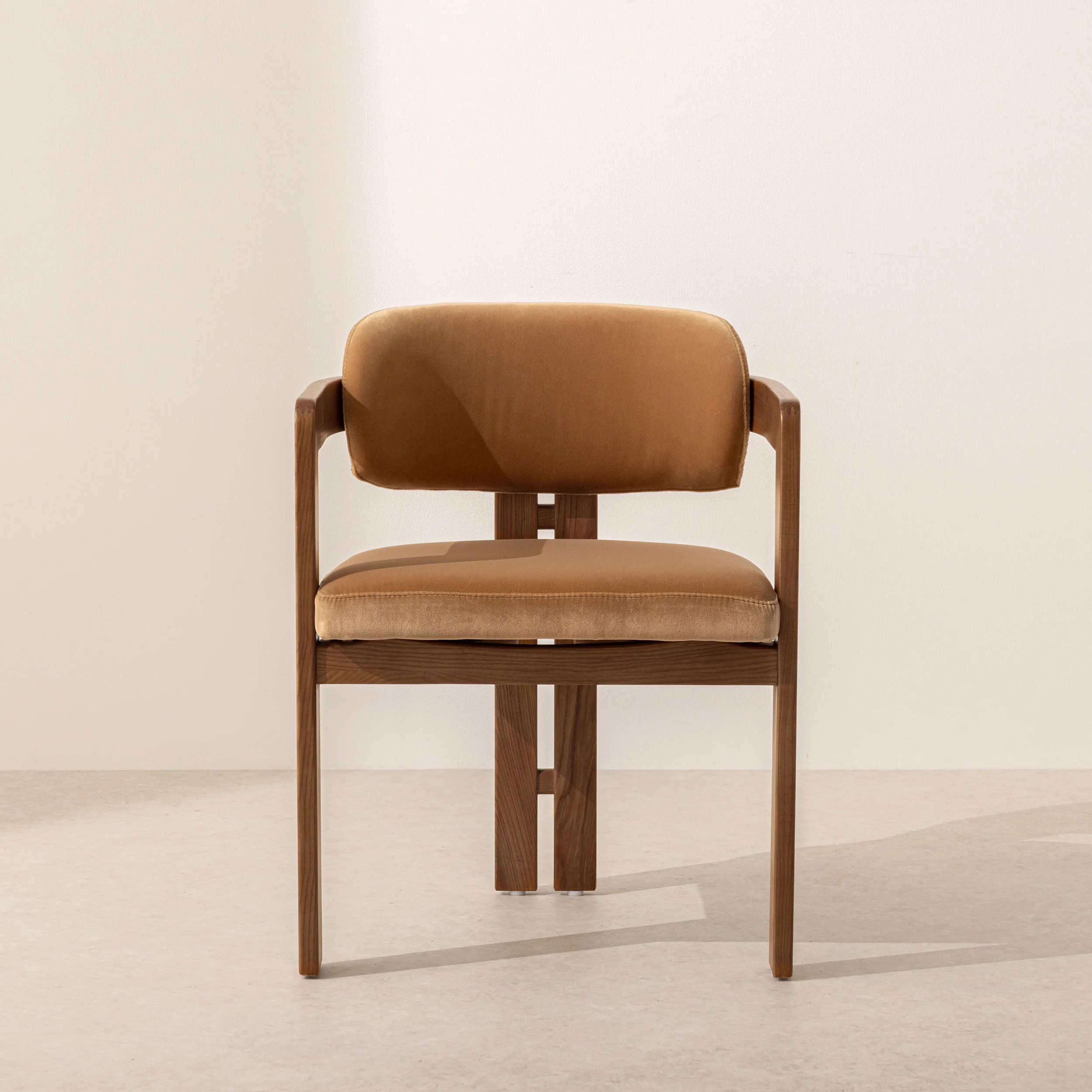 Curved Walnut Dining Chair - Camel Velvet - Image 5