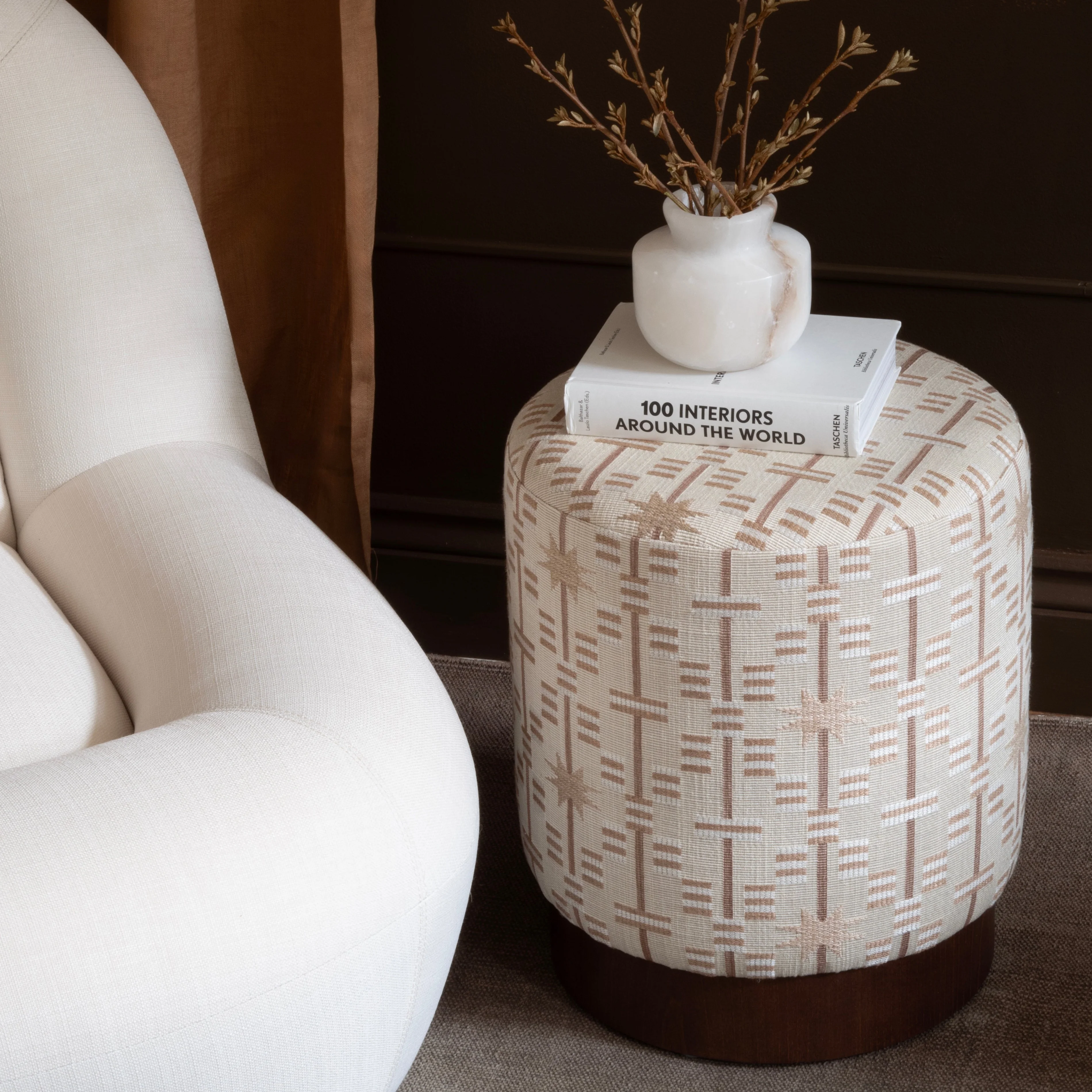Linen Pouffe with Walnut Plinth - Afua - Image 2