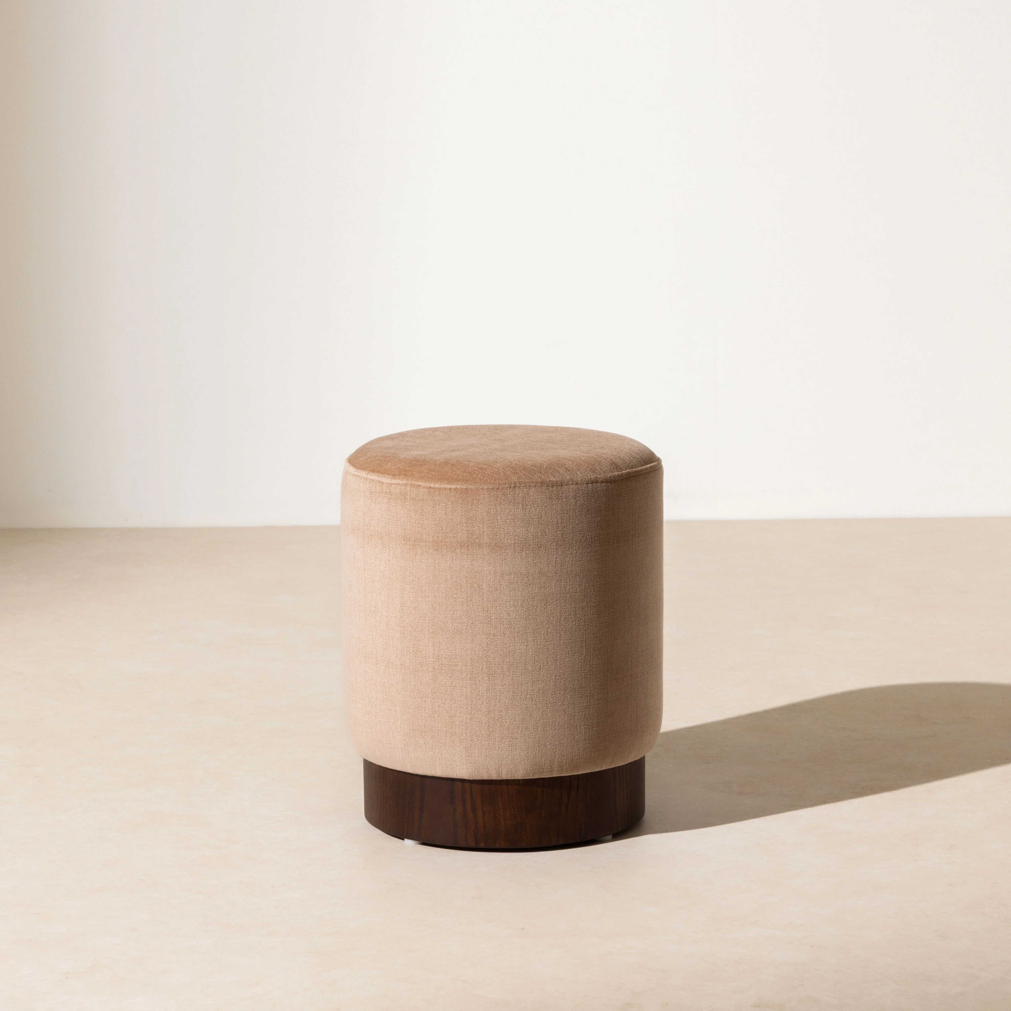 Velvet Pouffe with Walnut Plinth - Powder